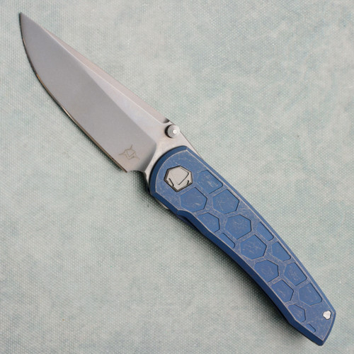 Sharknivco Custom Waka V4.9 Frame Lock Stonewash Blue Honeycomb Milled Titanium Handle RWL34 Polished Stonewash Blade