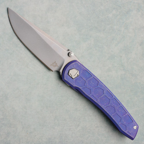 Sharknivco Custom Waka V4.9 Frame Lock Stonewash Purple Honeycomb Milled Titanium Handle RWL34 Polished Stonewash Blade