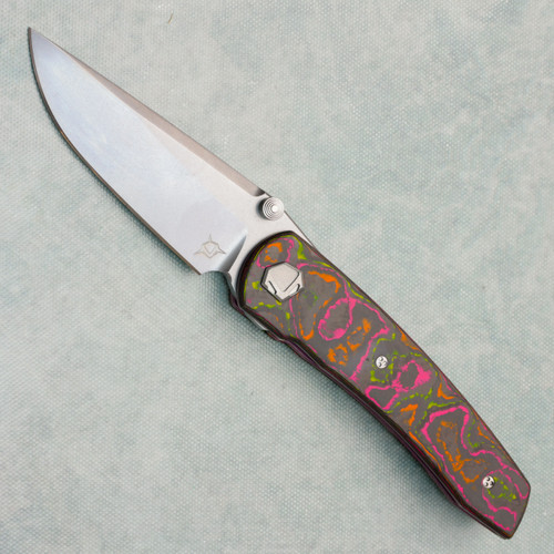 Sharknivco Custom Waka V4.9 Liner Lock Flo Party Camo Carbon w/ Light Purple Titanium Liners RWL34 Polished Stonewash Blade