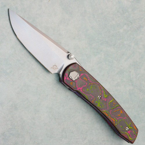 Sharknivco Custom Waka V4.9 Liner Lock Flo Party Camo Carbon w/ Purple Titanium Liners RWL34 Polished Stonewash Blade