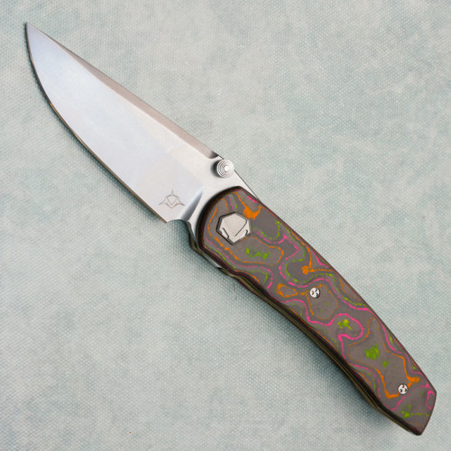 Sharknivco Custom Waka V4.9 Liner Lock Flo Party Camo Carbon w/ Gold Titanium Liners RWL34 Polished Stonewash Blade