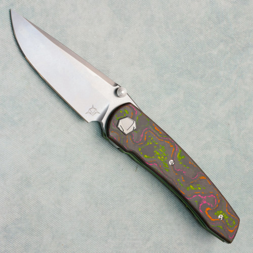 Sharknivco Custom Waka V4.9 Liner Lock Flo Party Camo Carbon w/ Light Green Titanium Liners RWL34 Polished Stonewash Blade