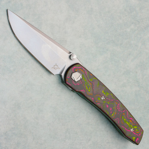 Sharknivco Custom Waka V4.9 Liner Lock Flo Party Camo Carbon w/ Dark Green Titanium Liners RWL34 Polished Stonewash Blade