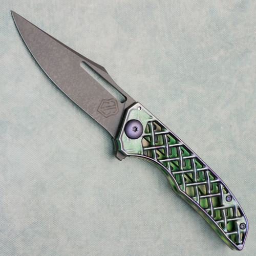 John Gray Custom Slitter V2 Frame Lock Ported Chain Link Green/Blurple Titanium Handle Dark Camo MagnaCut Blade