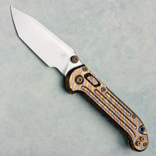 Microtech Marfione Select LUDT Ram-Lok T/E Flamed Grooved Titanium Handles w/ Blue Accent Stonewash Standard 1136RLG-10MS4