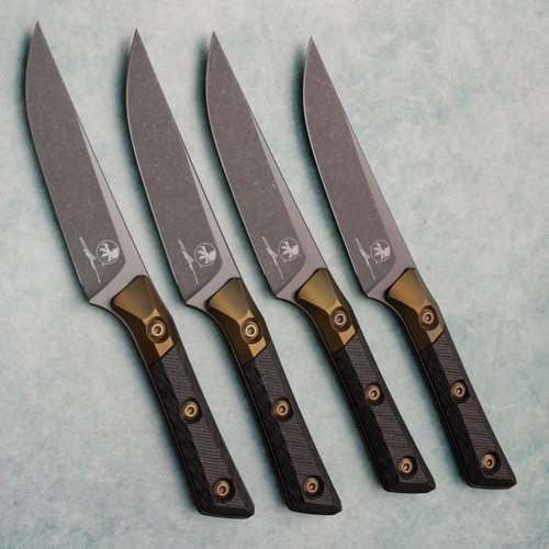 Microtech Steak Knife Set Carbon Fiber Handle w/ Bronze Titanium Bolster DLC Standard 3600B-1SETDLCCFS