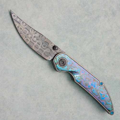 Hypercut Manufacturing Custom Bikkhu Liner Lock Titanium Handle w/ Black Timascus Inlays Mike Norris Damascus Blade