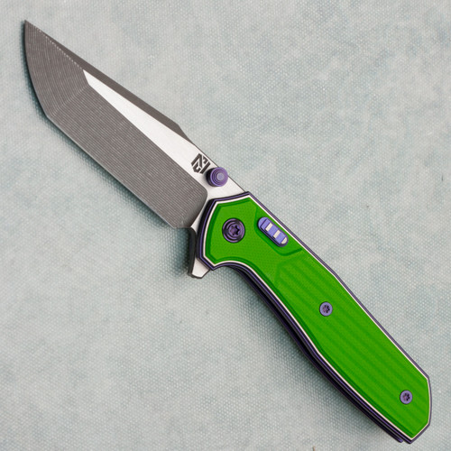 NCC Knives Ragnarok Hawk 7 Hawk Lock Purple Titanium Handles w/ Toxic Green G-10 Overlays Acidwash w/ Satin Flats Harpoon Tanto Blade