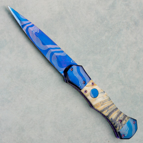 Rainy Vallotton Custom Dart Dual Action Blue/Cream Mammoth Molar Handles Timber Tiger Nickel Twist Damascus Blade and Bolsters