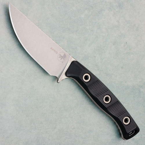 Microtech Akris Fixed Blade Black G-10 Handle Stonewash Standard Blade Tan Kydex Sheath w/ Belt Loop 95-10BK-6