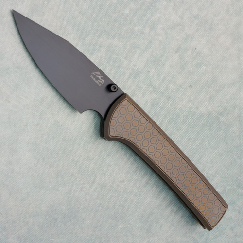 Chaves Knives Scapegoat 229 Integral Bronze Titanium Handles w/ Hex Engraved Bronze Titanium Inlay Black PVD Chisel Ground Blade AE CUSTOM SHOP