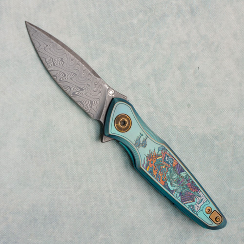 Spartan Blades Pandia Flipper Ronin Five Rings Fire Titanium Handle Damascus Blade SF16FIREDM