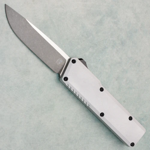 Chaves Knives Dissident OTF Clearcoat Crosshatch Petrified Aluminum Handles Two-Tone Stonewash Drop Point Blade