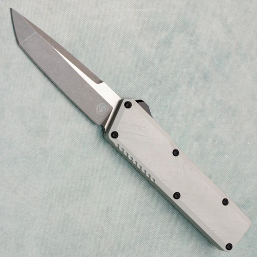 Chaves Knives Dissident OTF Clearcoat Crosshatch Petrified Aluminum Handles Two-Tone Stonewash Tanto Blade