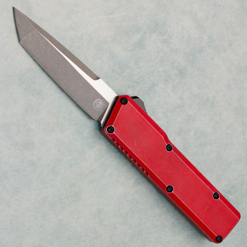 Chaves Knives Dissident OTF Red Flat Battleworn Aluminum Handles Two-Tone Stonewash Tanto Blade