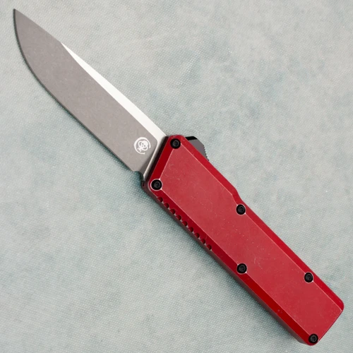 Chaves Knives Dissident OTF Red Flat Battleworn Aluminum Handles Two-Tone Stonewash Drop Point Blade