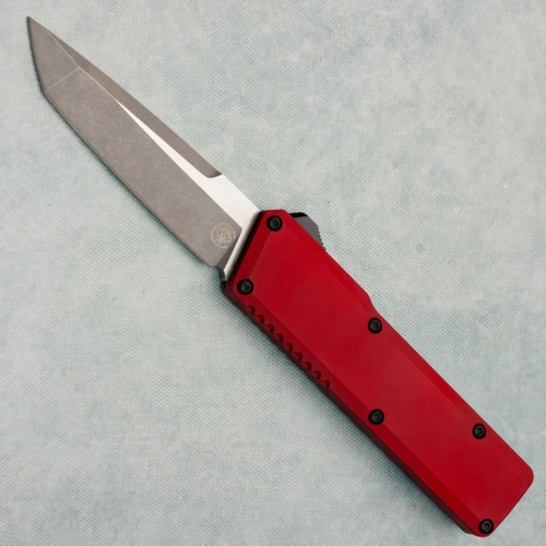 Chaves Knives Dissident OTF Red Flat Blasted Aluminum Handles Two-Tone Stonewash Tanto Blade
