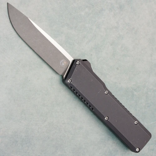 Chaves Knives Dissident OTF Black Flat Battleworn Aluminum Handles Two-Tone Stonewash Drop Point Blade