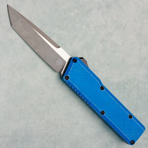 Chaves Knives Dissident OTF Blue Crosshatch Battleworn Aluminum Handles Two-Tone Stonewash Tanto Blade