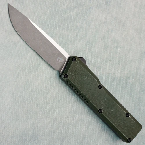 Chaves Knives Dissident OTF OD Green Crosshatch Battleworn Aluminum Handles Two-Tone Stonewash Drop Point Blade