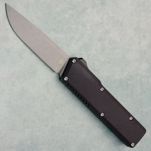 Chaves Knives Dissident OTF Black Crosshatch Petrified Aluminum Handles Stonewash Drop Point Blade