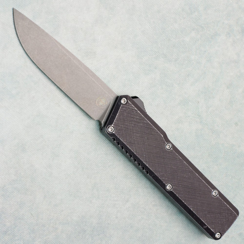 Chaves Knives Dissident OTF Black Crosshatch Battleworn Aluminum Handles Stonewash Drop Point Blade Stonewash Hardware