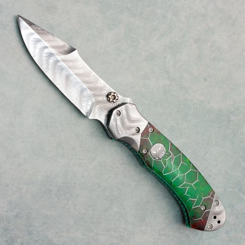 Kyle Vallotton Custom Small Wave Breaker Dual Action Voodoo Resin Nuke Flower Handles w/ Chad Nichols Boomerang Damascus Bolsters and Blade AE Exclusive