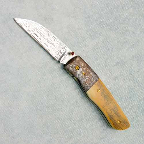 R.B. Johnson Custom Liner Lock Ancient Mammoth Ivory w/ Mosaic Damascus Bolster Damasteel Blade
