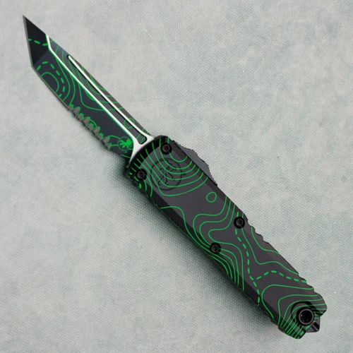 Microtech UTX-85 Gen IV T/E Topographic Black/Parakeet Green Camo Part Serrated Signature Series 12334-2TPBKPGCS