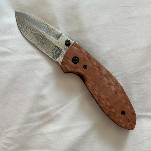 Krein Knives Custom Alpha Liner Lock Brown Linen Micarta Handle Chad Nichols Stainless Lizard Damascus Asymmetrical Dagger Grind Blade
