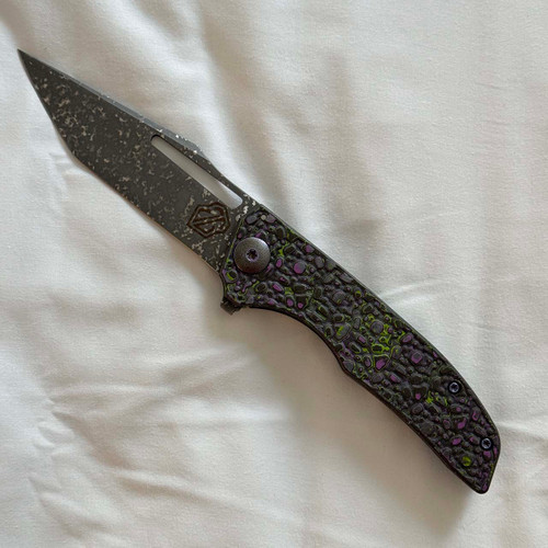 John Gray Custom Slitter V2 Frame Lock Textured World Breaker Camo Carbon/Barked Green/Purple Titanium Handle Dark Rain MagnaCut Blade