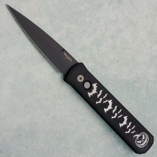 Pro-Tech Godson Black Handle And Blade With Halloween Bats and Jack-O-Lantern Engraving 921