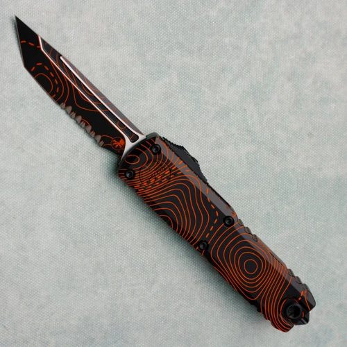Microtech UTX-85 Gen IV T/E Topographic Black/Orange Camo Part Serrated Signature Series 12334-2TPBKORCS