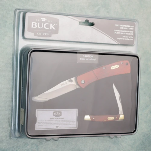 Buck 586 And 379 Solo Combo Collectors Tin Pakkawood Handles Satin Blades 14552