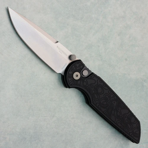Pro-Tech TR-3 Integrity Button Lock Topographic Textured Black Handle Stonewash MagnaCut Blade INT1105-TOPO