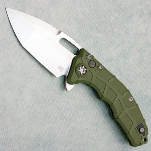 Heretic Knives Martyr Button Lock Manual Tanto OD Green Polymer Handles Stonewash Blade H057-2A-GRN
