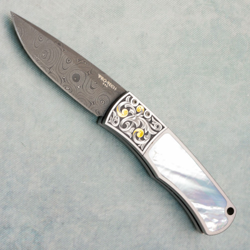Pro-Tech Whiskers Magic BR-1 Bolster Release Auto Custom Engraved Steel Handle w/ Pearl Inlays Damascus Blade (Pre-owned)