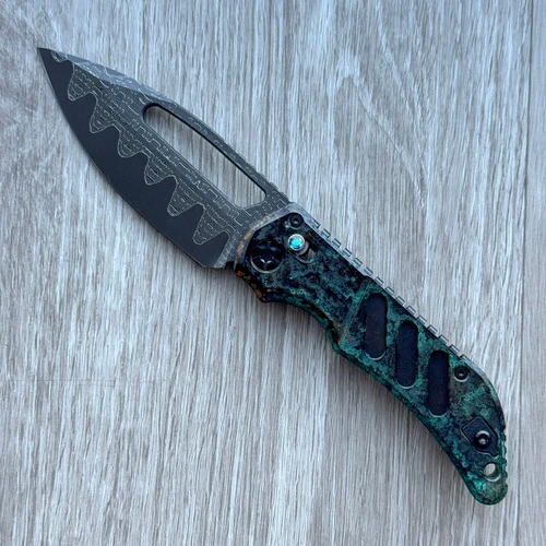 Heretic Knives Koschei Custom Crossbar Lock Antiqued Copper Handle Vegas Forge Damascus Blade Rock Ground DLC Clip