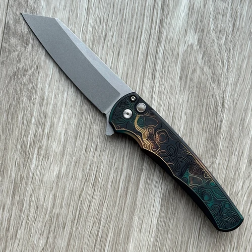 Pro-Tech Malibu Button Lock Flipper Reverse Tanto Shipwreck Topo Textured Handle Stonewash MagnaCut Blade 5405TOPO-SHIPWRECK