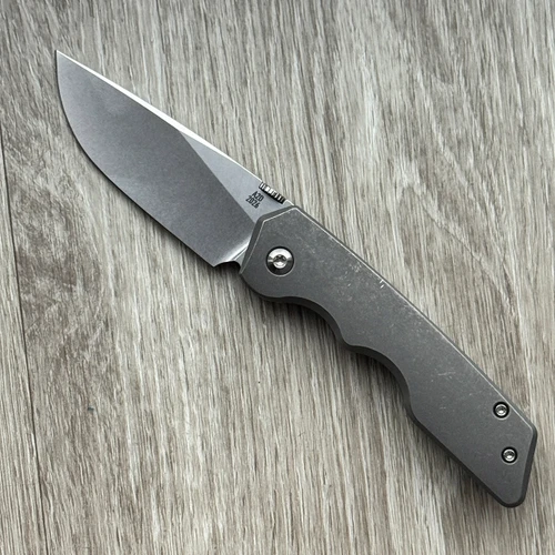 A2D Attn2Detail Mercantile Mark 3 Medium Framelock Slim Contoured Titanium Handles Stonewash/Satin Drop Point Rising Grind Magnacut Blade
