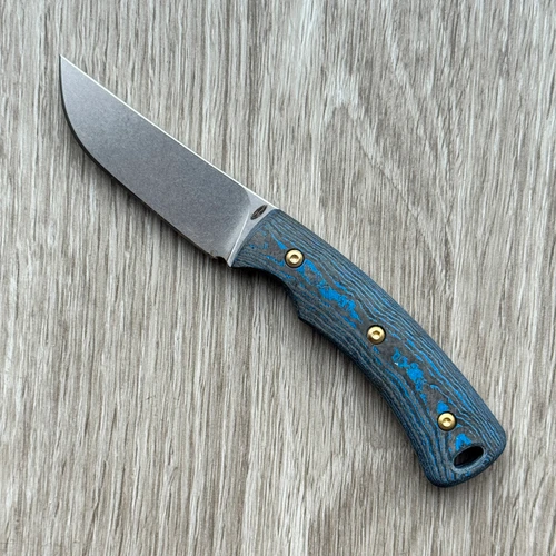 Three Rivers Manufacturing TRM Tagalong Fixed Blade Electric Blue Camo Carbon Handles Stonewashed Blade