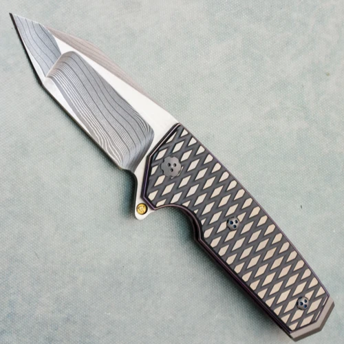 Allen Elishewitz Custom Tank Flipper Liner Lock Machined Titanium Handle w/ Purple Titanium Liners Damascus Blade (Pre-Owned)
