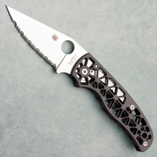 Spyderco Edgerati Compression Lock Gray Skeletonized Aluminum Handle Satin CPM-S30V Serrated Blade C266ALS