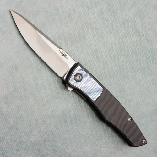 Jarosz Knives Pegasus Inset Lock Flipper Spectral Carbon Fiber Handle w/ Mother of Pearl Inlays Stonewash Vanax Blade