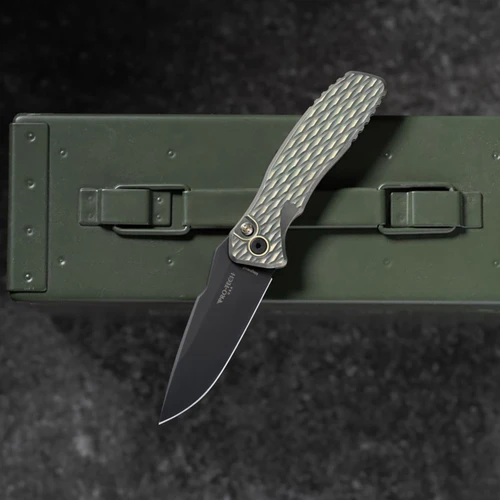 Pro-Tech Spartan Blades Pallas Auto Distressed Green/Gold Lattice Textured Titanium Handle DLC MagnaCut Blade 2026PALLASCUSTOM007