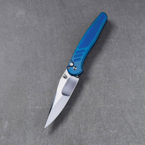 Pro-Tech Avalon Button Lock Sapphire Blue PVD Knurled 17-4 Stainless Steel Handle Mike Irie Hand Ground Compound Mirror Polish Blade 2026AVALONCUSTOM011