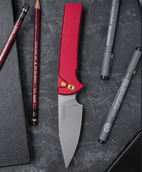 Chaves Pro-Tech Scapegoat Battleworn Red Handles Stonewash MagnaCut Blade Gold PVD Hardware CCKSF26.SCAPEGOATF.1