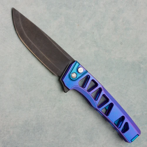 MachineWise Sonora Button Lock Flipper Blurple Skeletonized Titanium Integral Handle Blue Titanium Bolster DLC S90V S Grind Blade