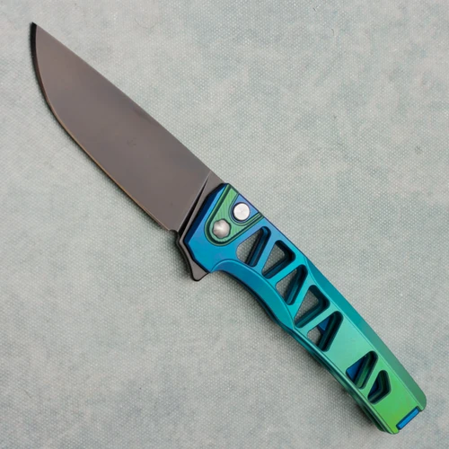 MachineWise Sonora Button Lock Flipper Teal/Green Fade Skeletonized Titanium Integral Handle Green Titanium Bolster DLC S90V Blade