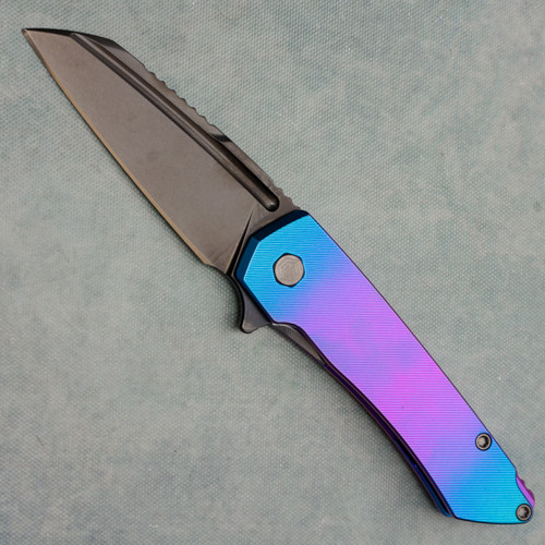 MachineWise Mojave Frame Lock Flipper Titanium Purple Center Blue Fade Fine Step Texture Handle DLC S90V Blade
